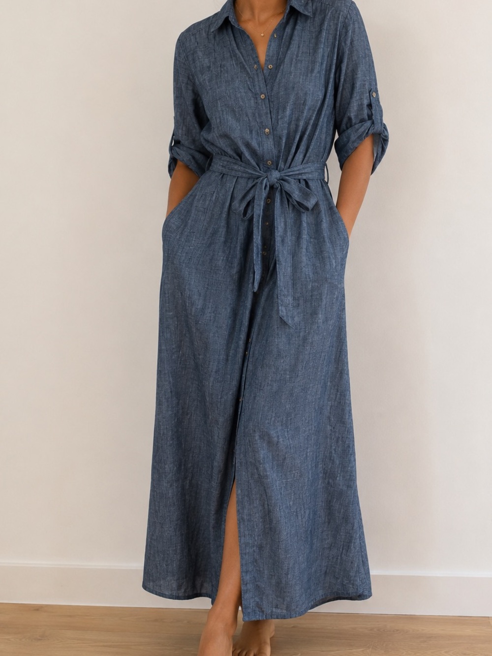 Elena Miro Slate Blue Button-Front Self-Tie Shirt From Italy Cotton and Linen